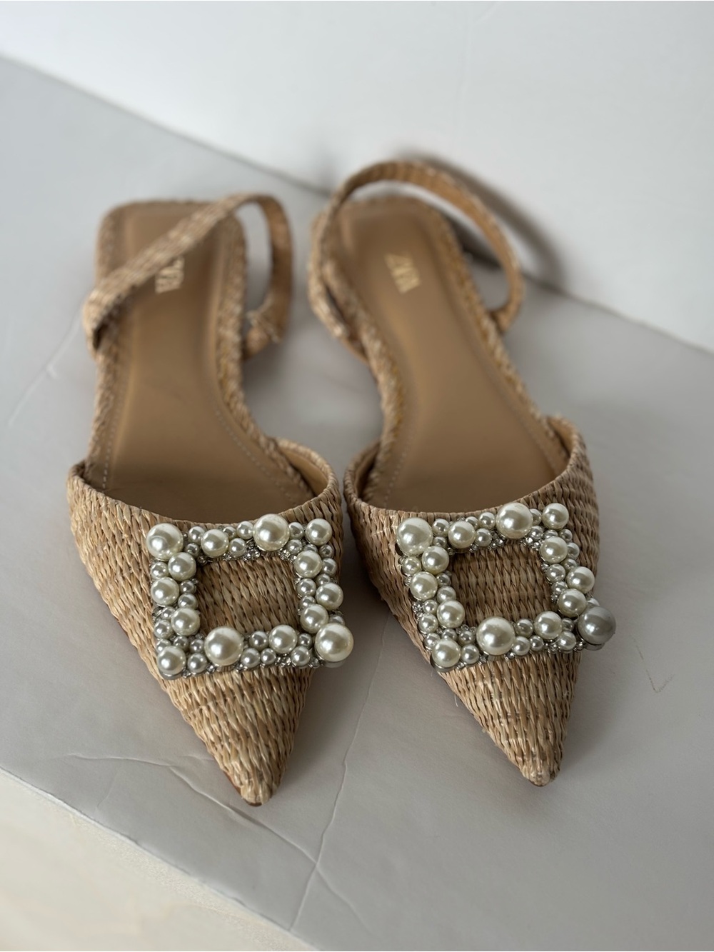 Zara Tan Woven Pointed Slingback Flats with Pearl Buckle (NEW No Tag)